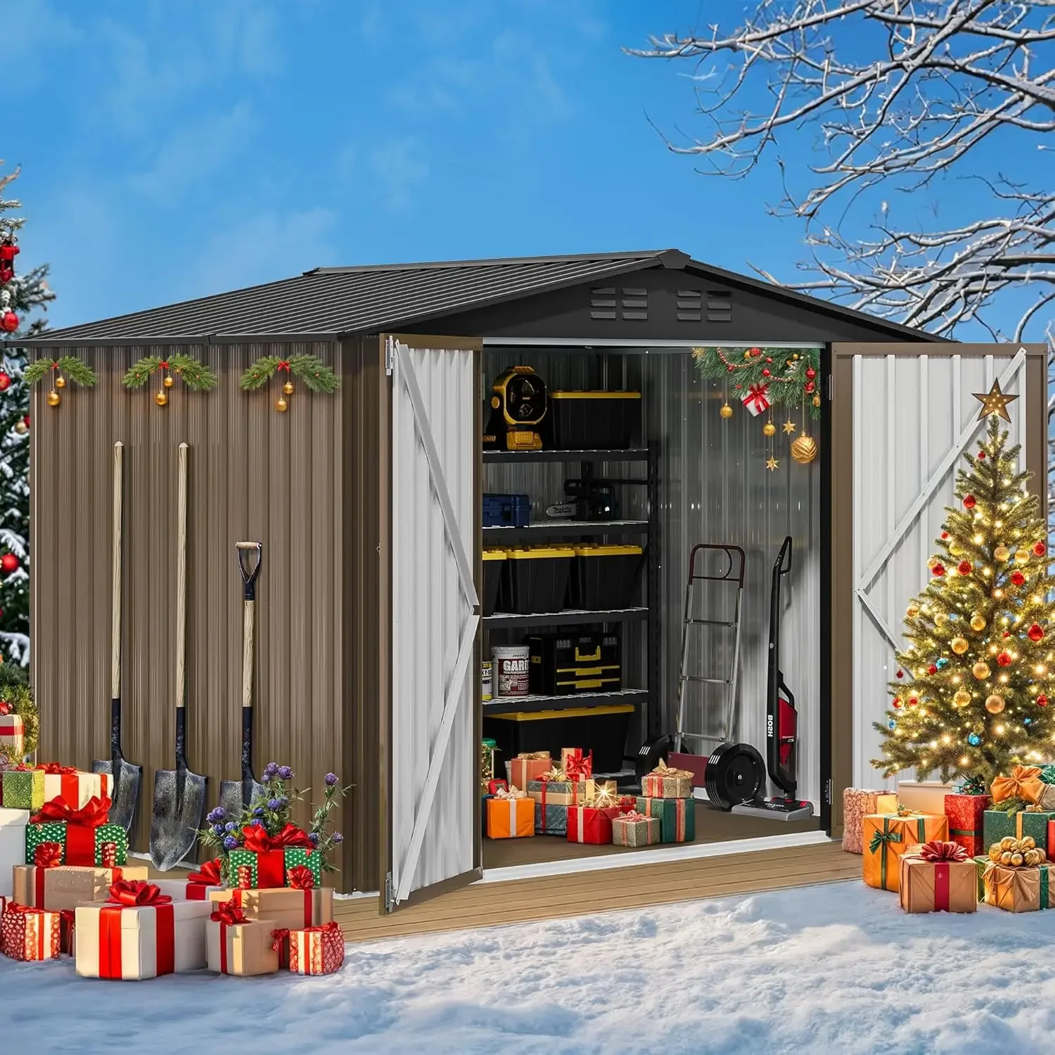 Heavy Duty Storage House with Lockable Doors & Air Vent for Backyard Patio Lawn to Store Bikes, Tools, Lawnmowers, Blown