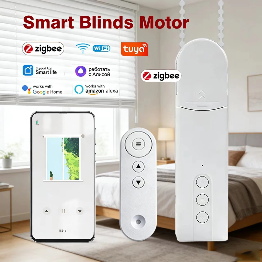 Persianas Enrollables Wifi con Motor Eléctrico Inteligente Zigbee Tuya, Control Remoto RF, Control por Aplicación, Compatible con Alexa y Google Assistant