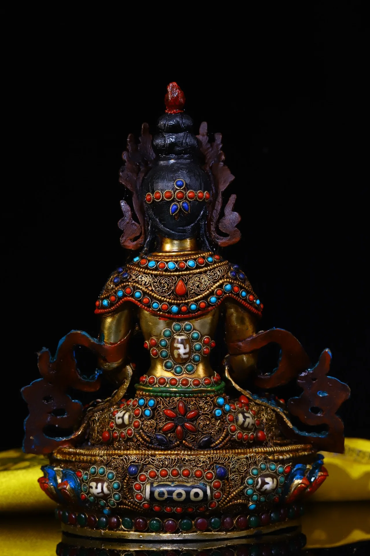 

9"Xizang Folk Old Bronze Outline in gold Painted Mosaic Gem gZi Beads Amitayus Longevity Buddha Worship Hall