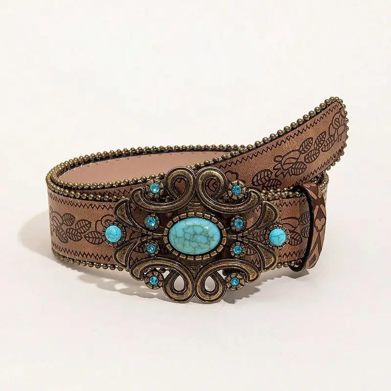 2025 Vintage Turquoise Belt - Women's Embossed Waistband Bohemian Streetwear Accessory Retro Dress Belt, Unisex High Waist Cinch