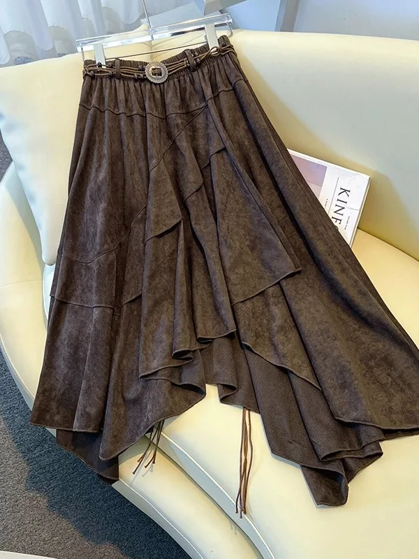 

Retro n Sle Suede Skirt Asymmetrical Midi Women's Autumn Winter plus Size Belted A-Line Skirt Casual High Waist