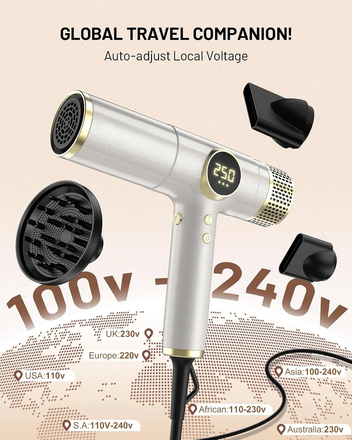 Dual Voltage Travel Hair Dryer Ionic Blow Dryer 2000W Fast Drying Lightweight Compact Low Noise Diffuser