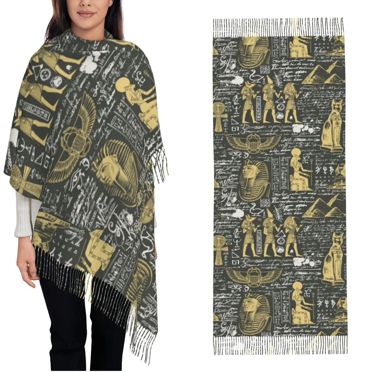 Women's Scarf with Tassel Ancient Hieroglyphs Large Winter Warm Shawl and Wrap Retro Egyptian Gods Gifts Cashmere Scarf