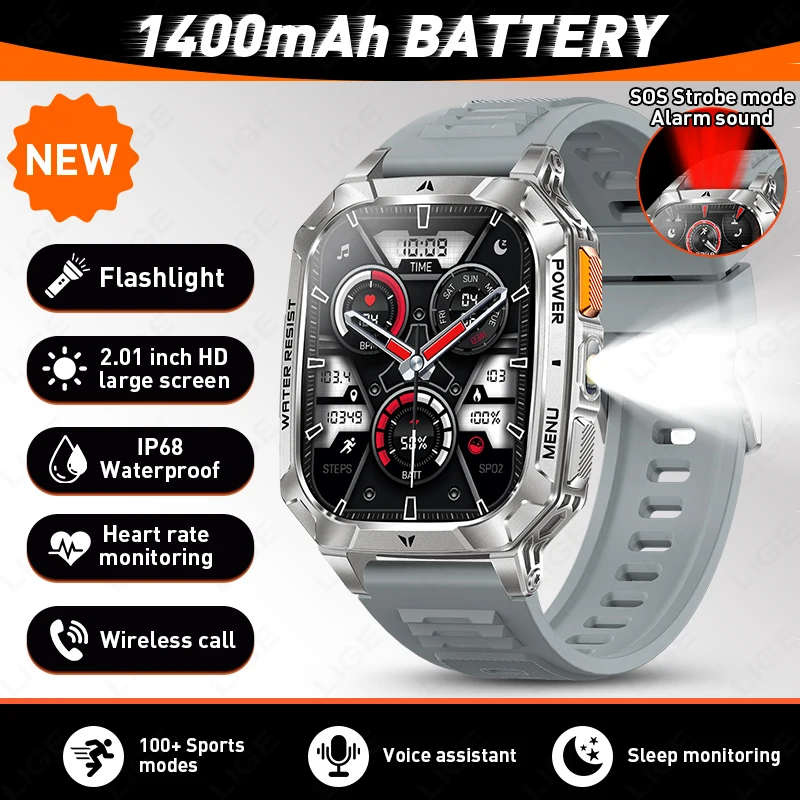 

LIGE 2026 Smart Watches Outdoor Sport Watch 1400mAh Bluetooth Call Voice Assistant Waterproof Flashlight Military Men Smartwatch