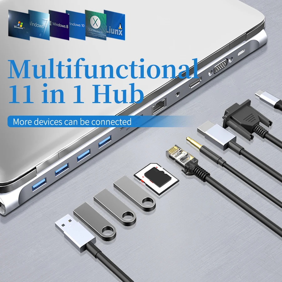 

USB-концентратор C USB-концентратор 3.0, алюминий, многопортовая док-станция 11 в 1, док-станция для ноутбука типа C до 4K HDMI RJ45 SD/TF MacBook