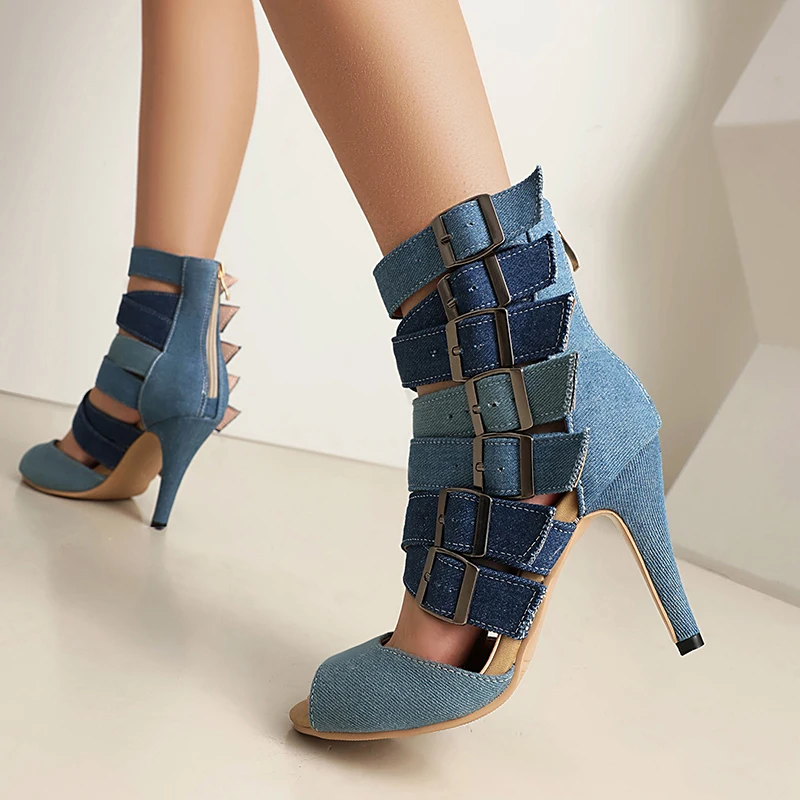 Kcenid Vrouwen Hakken Peep Toe Denim Boot Vrouw Schoenen Latin Dansen Sexy Stiletto Booties Gesp Enkelbandje Pompen Dames Schoenen Zip