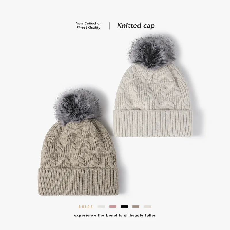 Winter Hat Women's Beanie hat trip New Outdoor Keep Warm Thickened Knitted hat Fur Ball Fleece Lined Fashion Windproof Wool Hat