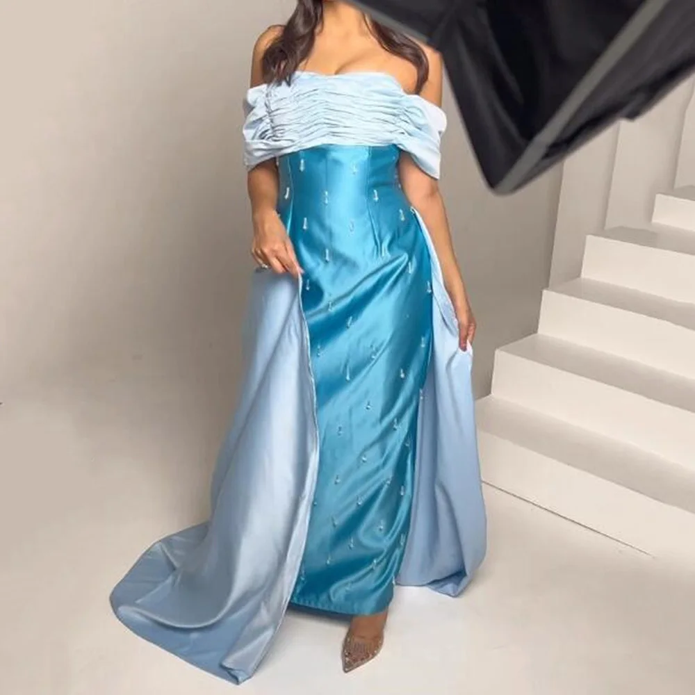 

Evening Dresses Sexy Contrast Color Off Shoulder Pleat Satin Straight Backless Prom Gown Elegant Boat Neck Party Dress