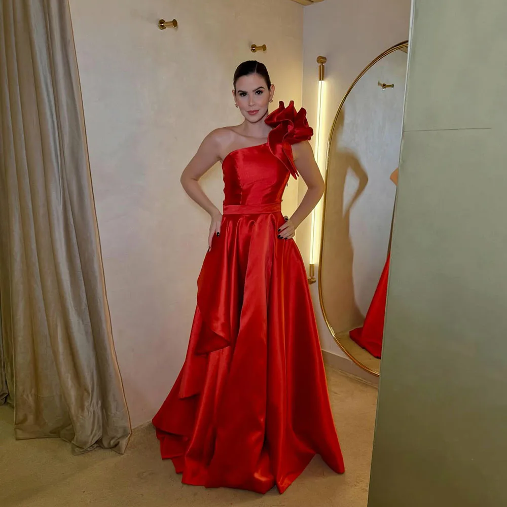 

MsikoodsOne Shoulder Red Evening Dresses 2025 Satin Formal Gown Flower A Line Elegant Prom Dress Wedding Guest Dress Customized