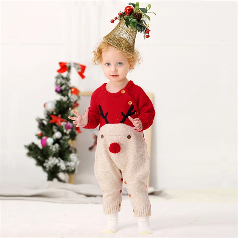 Baby Boy Girl Christmas Romper Rudolph Knitted Jumper Long Sleeve Sweater Playsuit Red-nose Reindeer Knit Jumpsuit for 0-2 Yrs