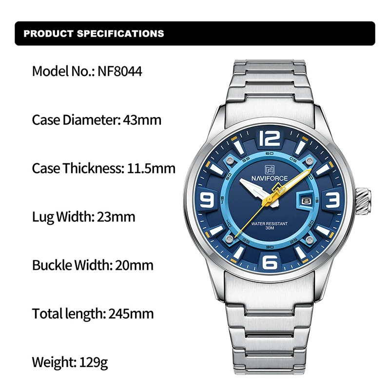 Trend Brand NAVIFORCE Vibrant Design Stainless Steel Man's Watch Quartz Date Display Business Wristwatch Waterproof Sports Clock