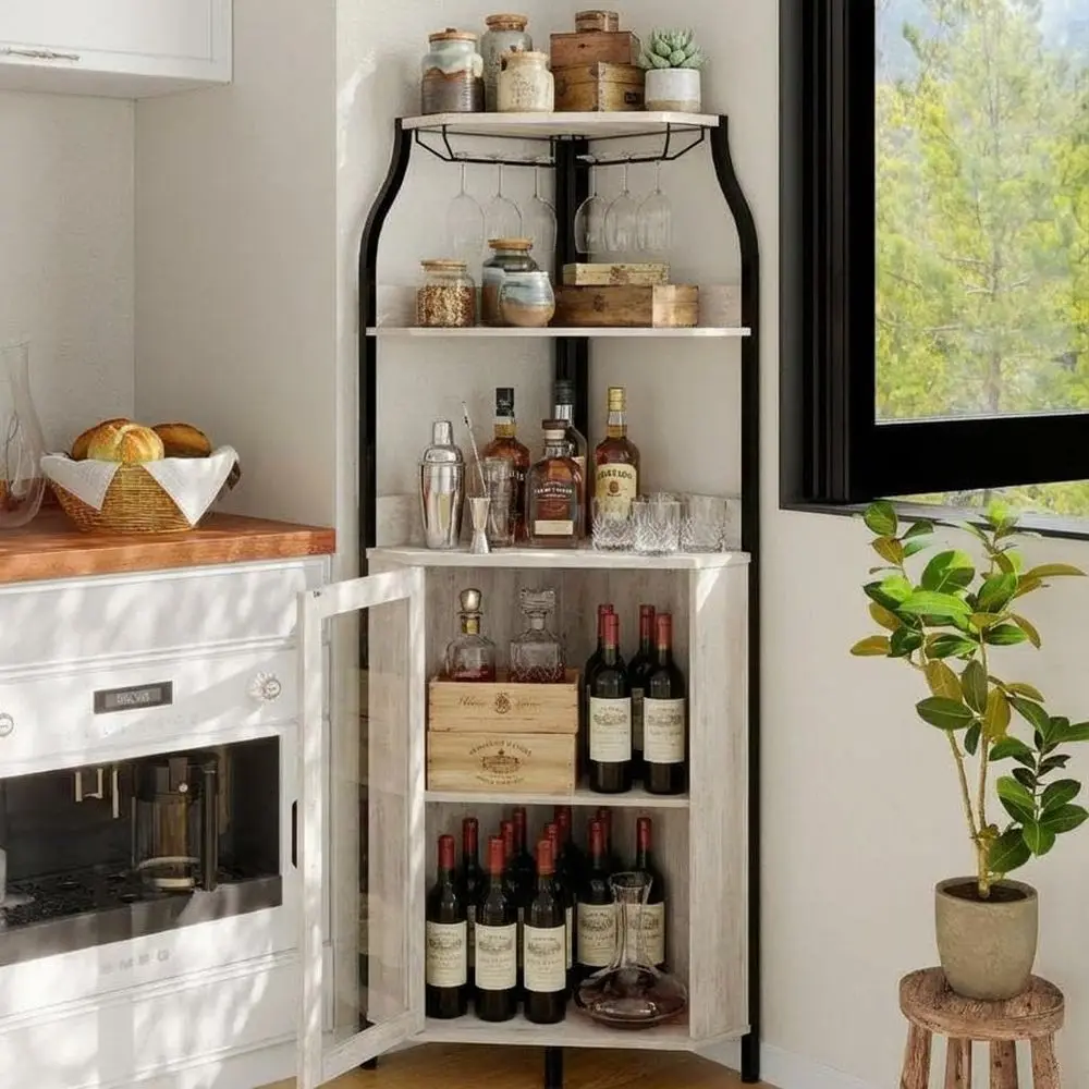 

5-Tier Industrial Style Wine Cabinet with Power Outlet, LED Strip, Tempered Glass Door, Grey for Small Spaces