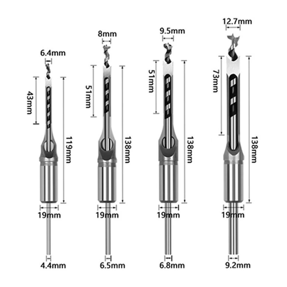 4PCS Square Hole Drill Bit HSS Auger Mortising Chisel Drill Set 6.4/8/9.5/12.7 Mm Square Woodworking Drill Mortiser Drill Bit