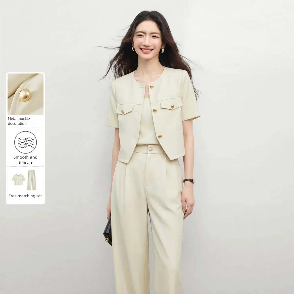 

SENTUBILA Women's 2026 Summer Elegant Round Neck Jacket & Sleek Suit Trousers 2 Piece Set Fashion Office Lady 162ZA6580X