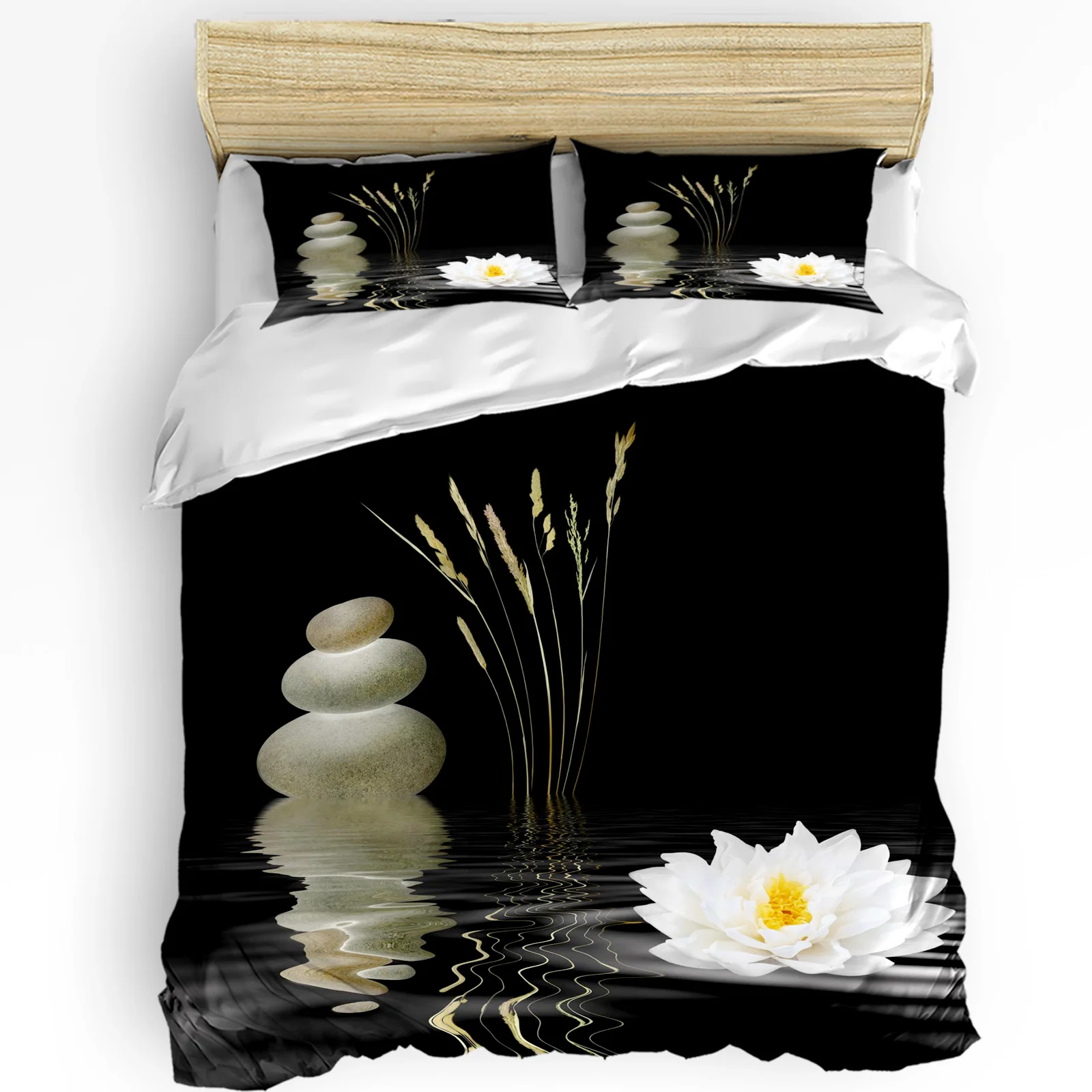 

Zen Stones White Flower Lotus Black Duvet Cover with Pillow Case Custom 3pcs Bedding Set Quilt Cover Double Bed Home Textile