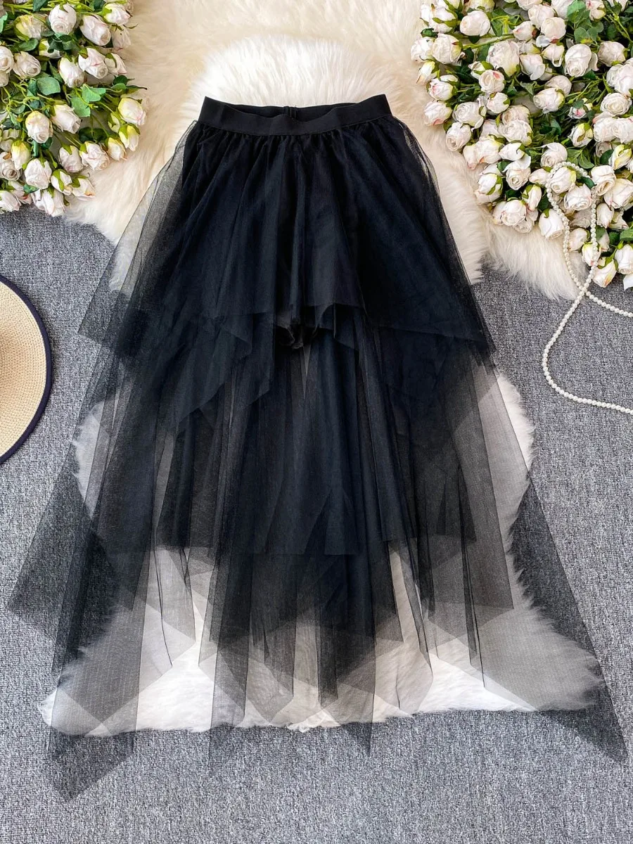 

Foamlina Irregular Black Mesh Midi Skirt Women Summer Fashionable Fairy Style Street High Waist Slim Fit Anti Half Skirt