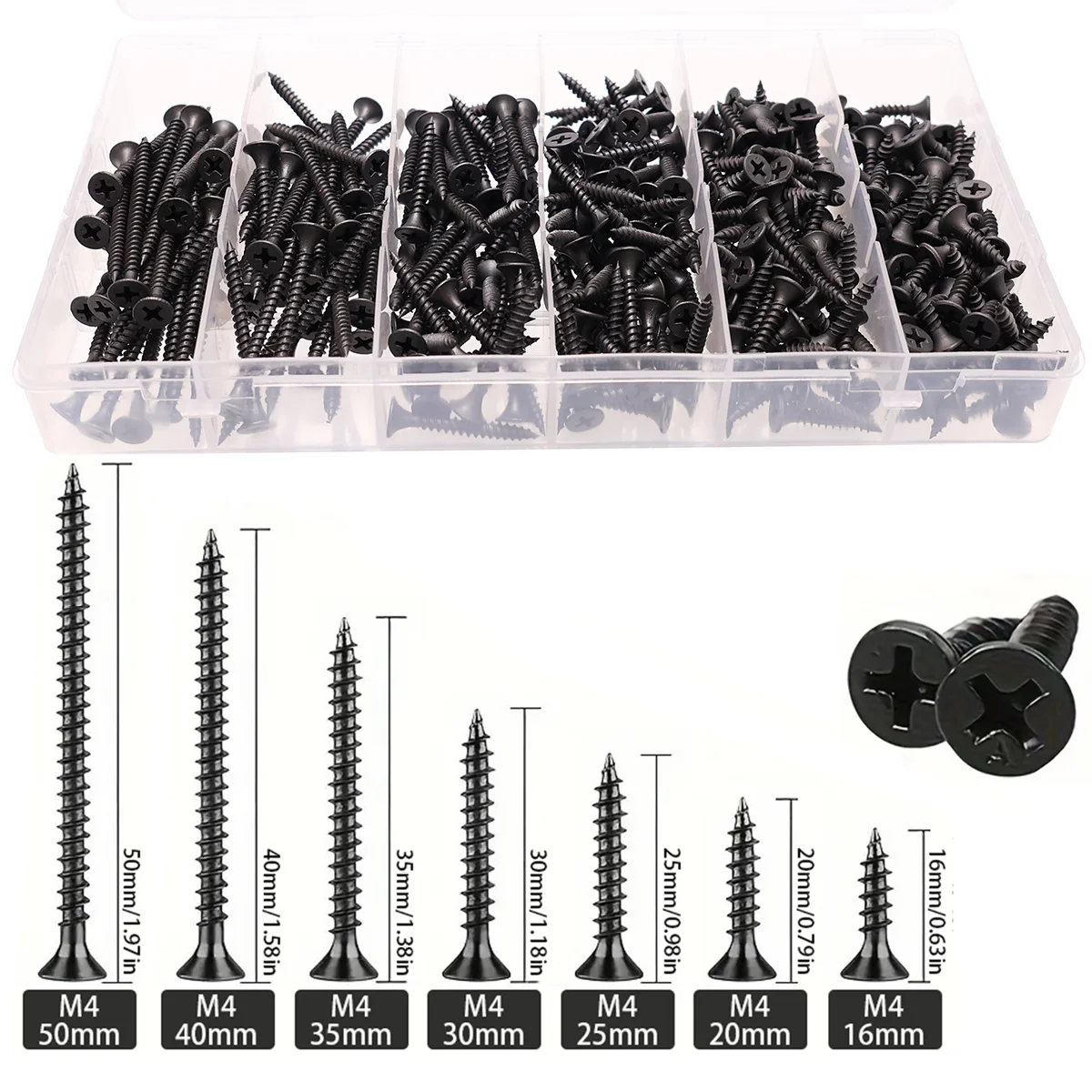 M3.5 Black Wood Screws 350pcs/235pcs/150pcs Phillips Head Flathead Self-Tapping Screws for Woodworking And Home Improvement