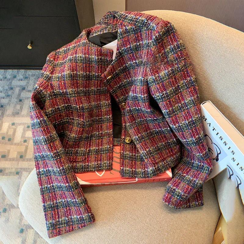 

Design sense, contrasting color grid pattern, coarse tweed short jacket for women in autumn 2024, new style, woven top