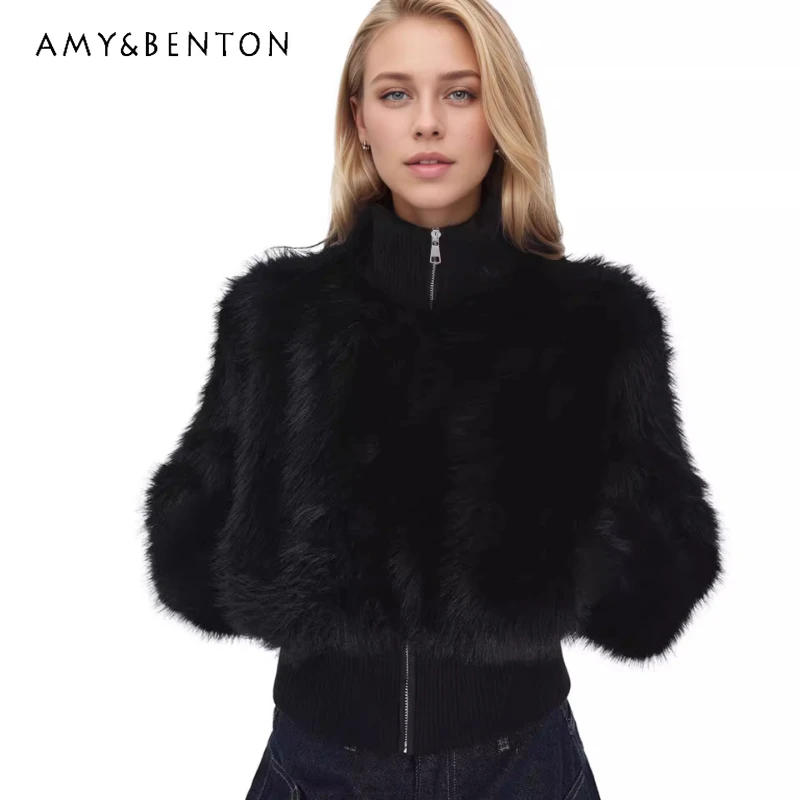 

European American Design Black Stand Collar Faux Fox Fur Women's Coat 2025 Winter New Sweet Zipper High-end Short Coats Ladies