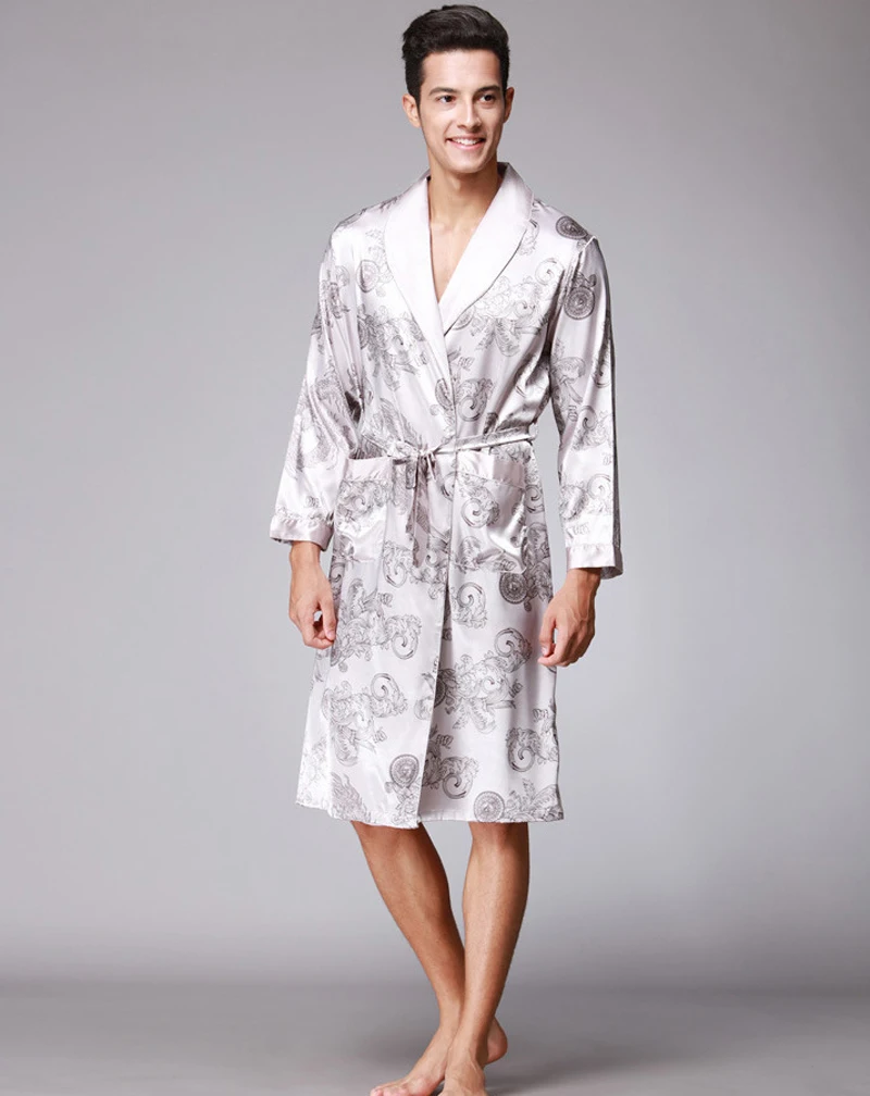 Spring Summer Men's Bathrobes Printed Male Pajamas Long Sleeves Nightwear Sleepwear Satin Silk Robe Pyjama Belt Men Robe MY1165 view 4