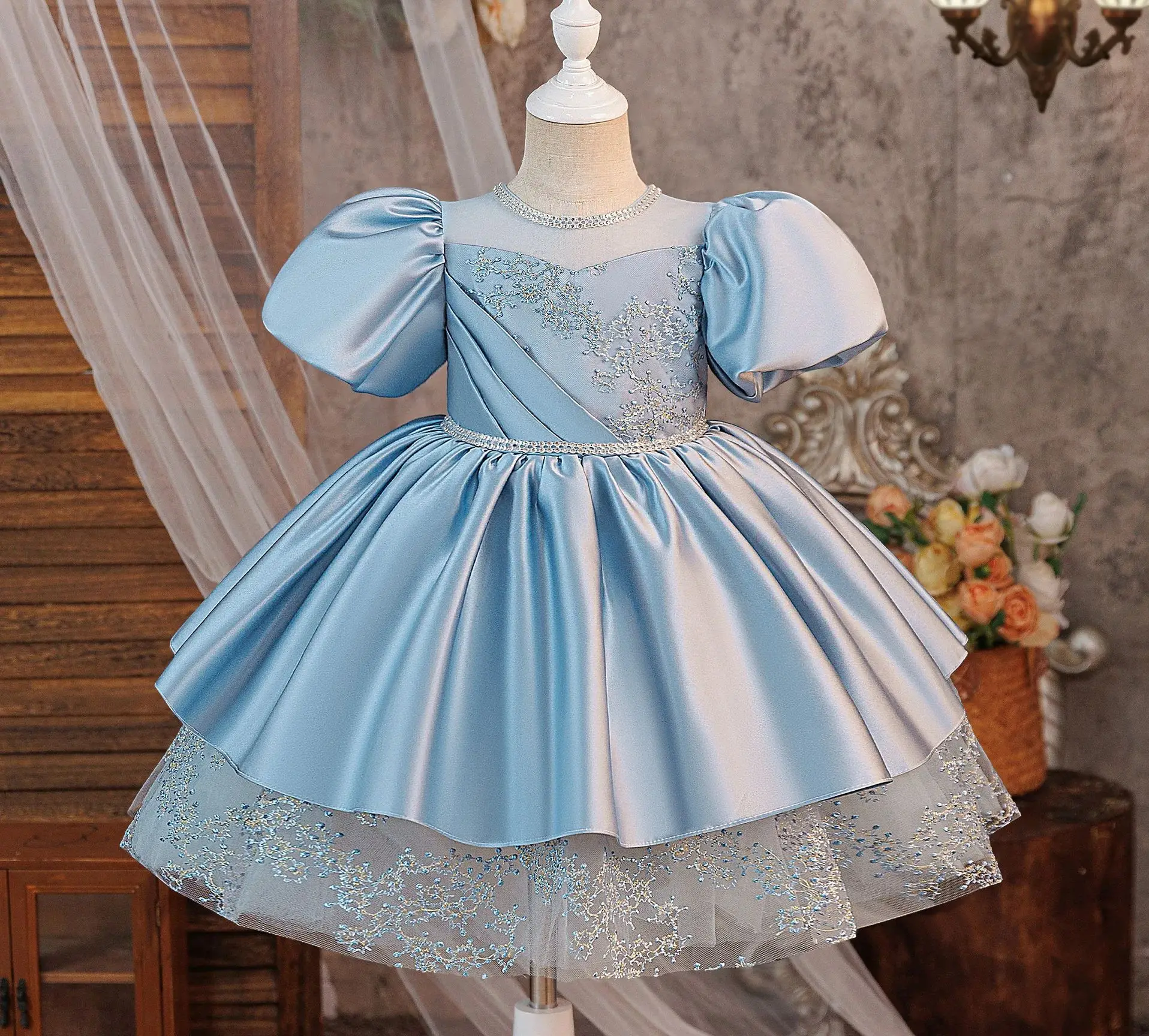 4-8Y Embroidery Girl Party Dress Birthday Kid Girls' Holiday Dresses Blue Ball Gown Kids Wear