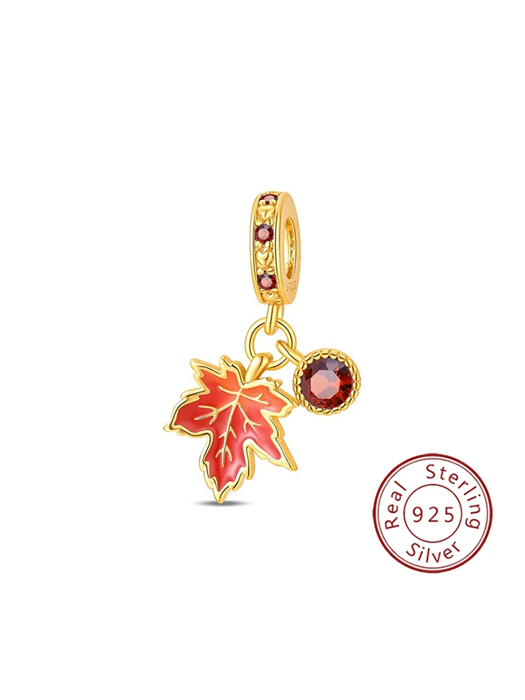 New 925 Sterling Silver Autumn Style - Maple Leaf Two-piece Set Pendant Beads, Suitable as Original Women's Bracelet Wearing Gif