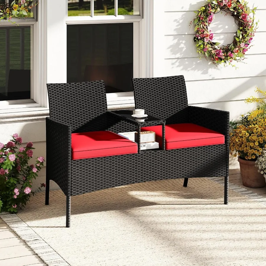 Tangkula Patio Loveseat met ingebouwde tafel Rieten 2-zitsmeubilair met zachte kussens Gehard glazen tafelblad Metalen frame Outdoo