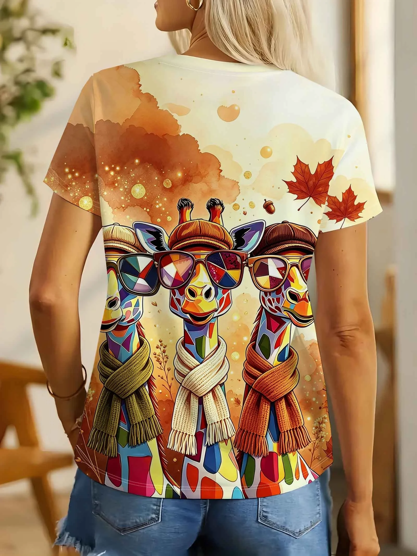 Women's T-shirt Colorful Giraffe Maple Leaf Print Round Neck Short Sleeve Watercolor Autumn Style Casual Daily Ladies Clothing