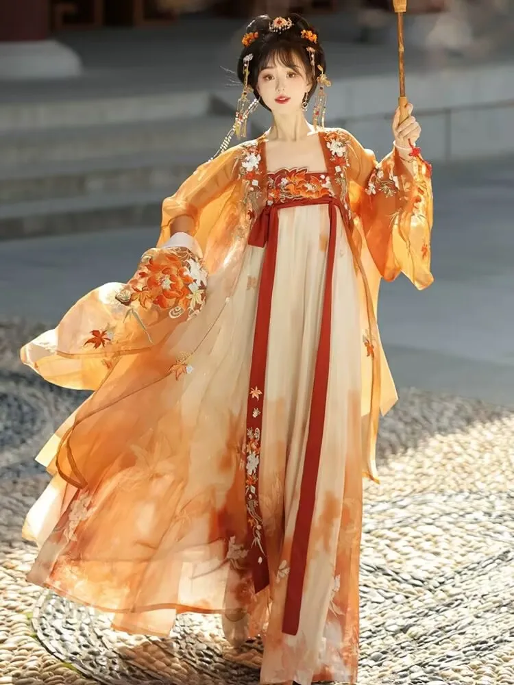

Chinese Hanfu Dress Women Halloween Carnival Cosplay Costume New Tang Dynasty Embroidery Yellow Hanfu Dress