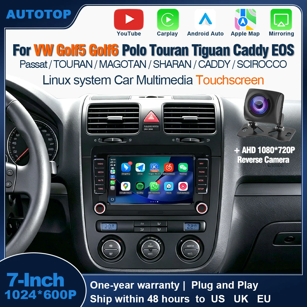 

AUTOTOP 7" YouTube Wireless CarPlay Screen for VW Golf5/6 Skoda CADDY Passat polo Jetta EOS Android Auto Car multimedia Radio BT