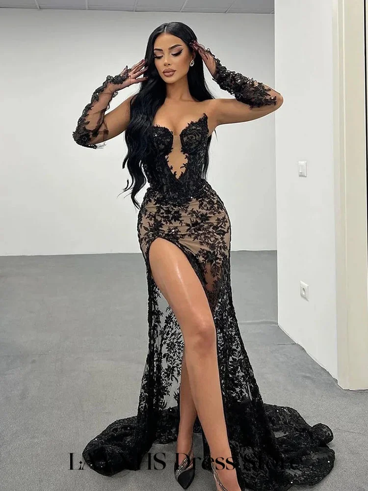 LAYXHS فساتين سهرة رسمية مثيرة من الدانتيل الأسود على شكل قلب بدون حمالات حورية البحر بفتحة جانبية فساتين لحضور الحفلات الموسيقية مخصصة من Fساتين Sheer
