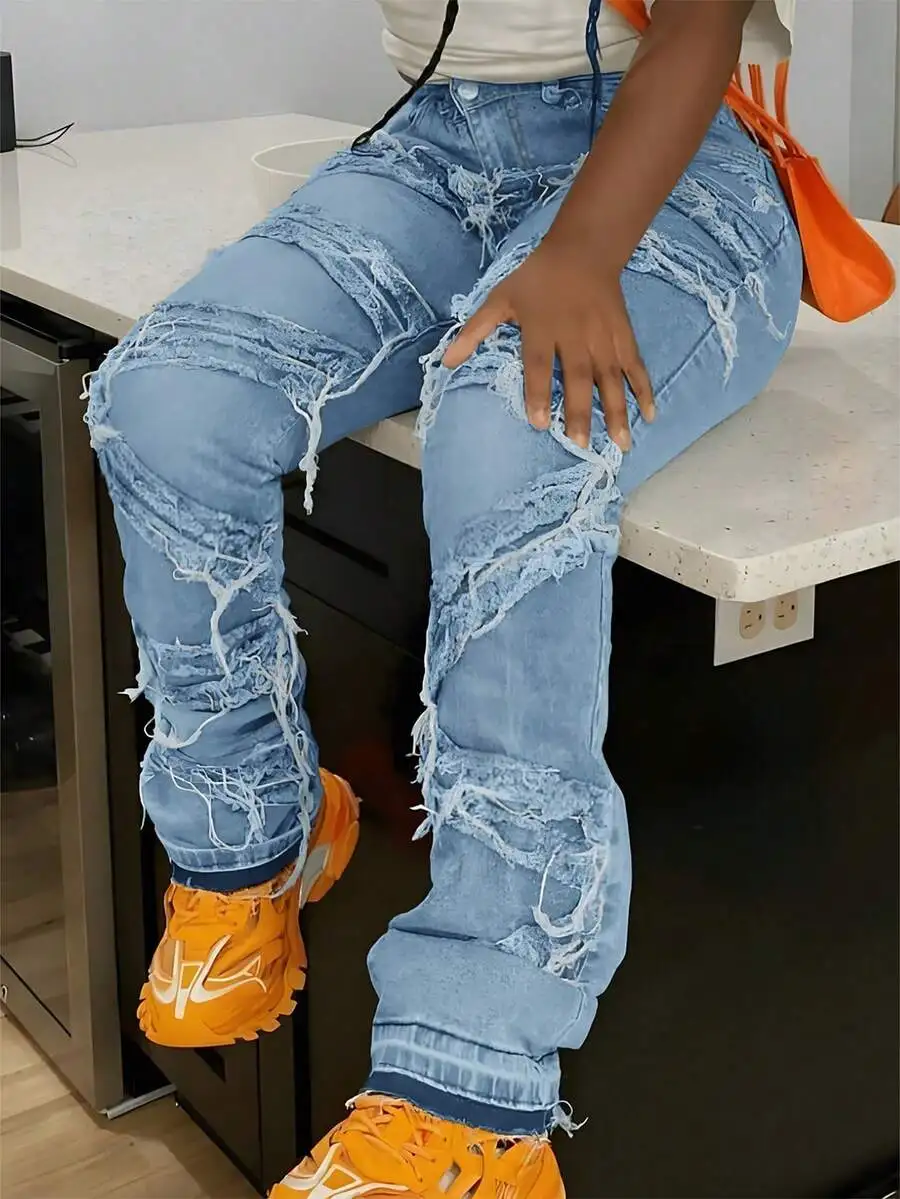 

Джинсы женские стритстайл с эффектом потертости, необработанным краем и бахромой, высокоэластичные, для повседневной носки и осенних фестивалей