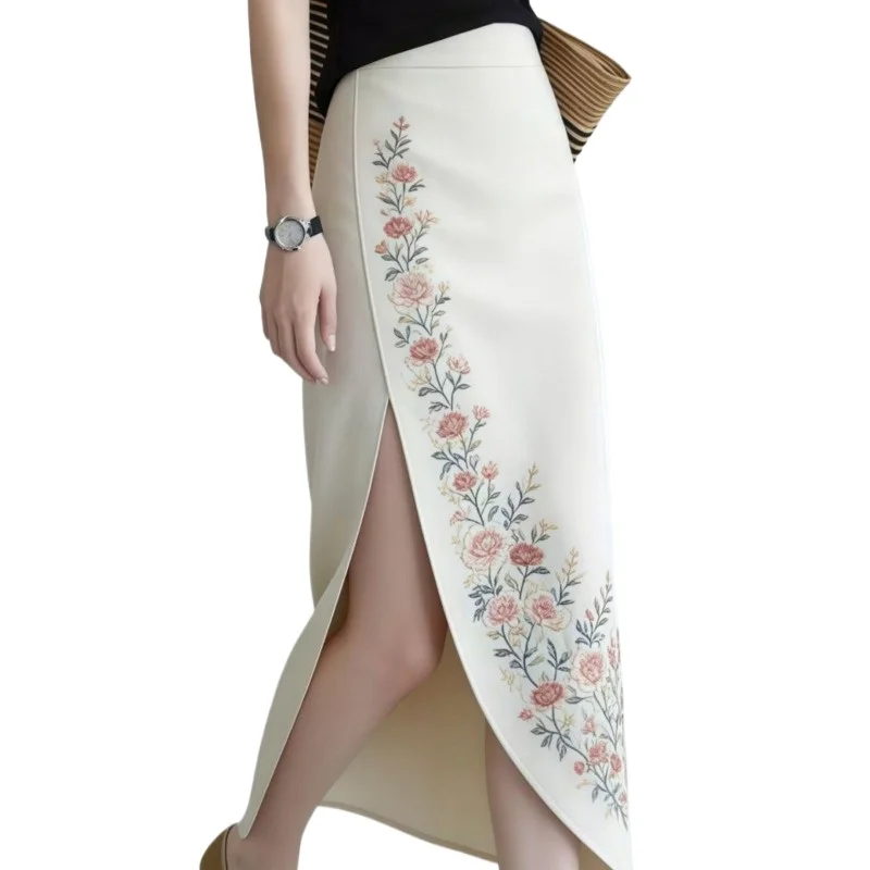 New Chinese Style Unique Design Sense High Waist and Thin 2026 Summer New Beige Printed Split Skirt Temperament Women's Clothing