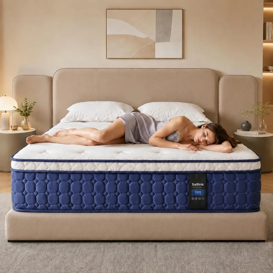 14 Inch Queen Mattress, Medium Firm Hybrid Mattress in a Box Individual Pocket Spring for Motion Isolation, Extra Back and Hip