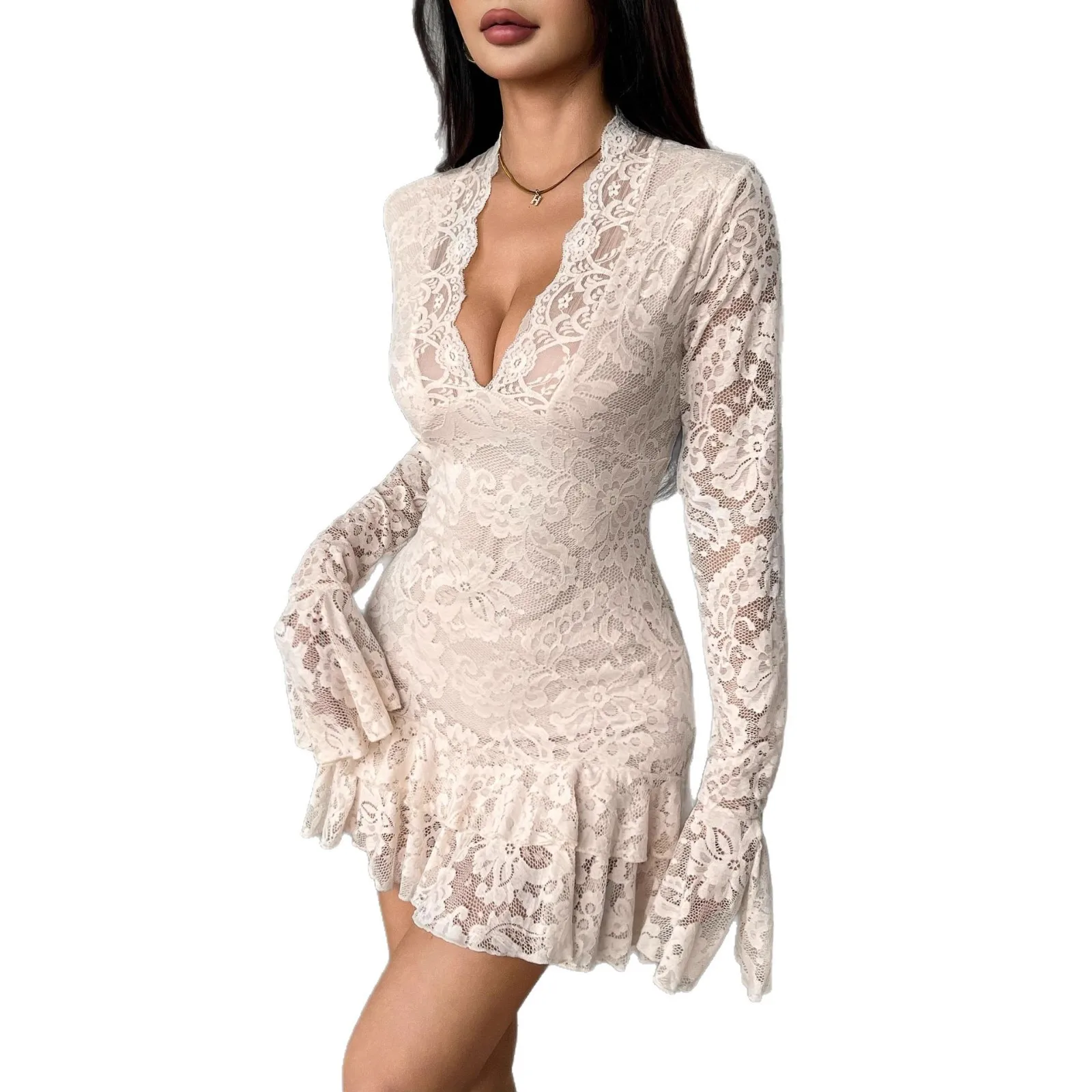 Cross-border Amazon 2025 Autumn and Winter New Lace Dew V-neck Double-layer Ruffle Edge Slim-fit Hip Dress Cw78035