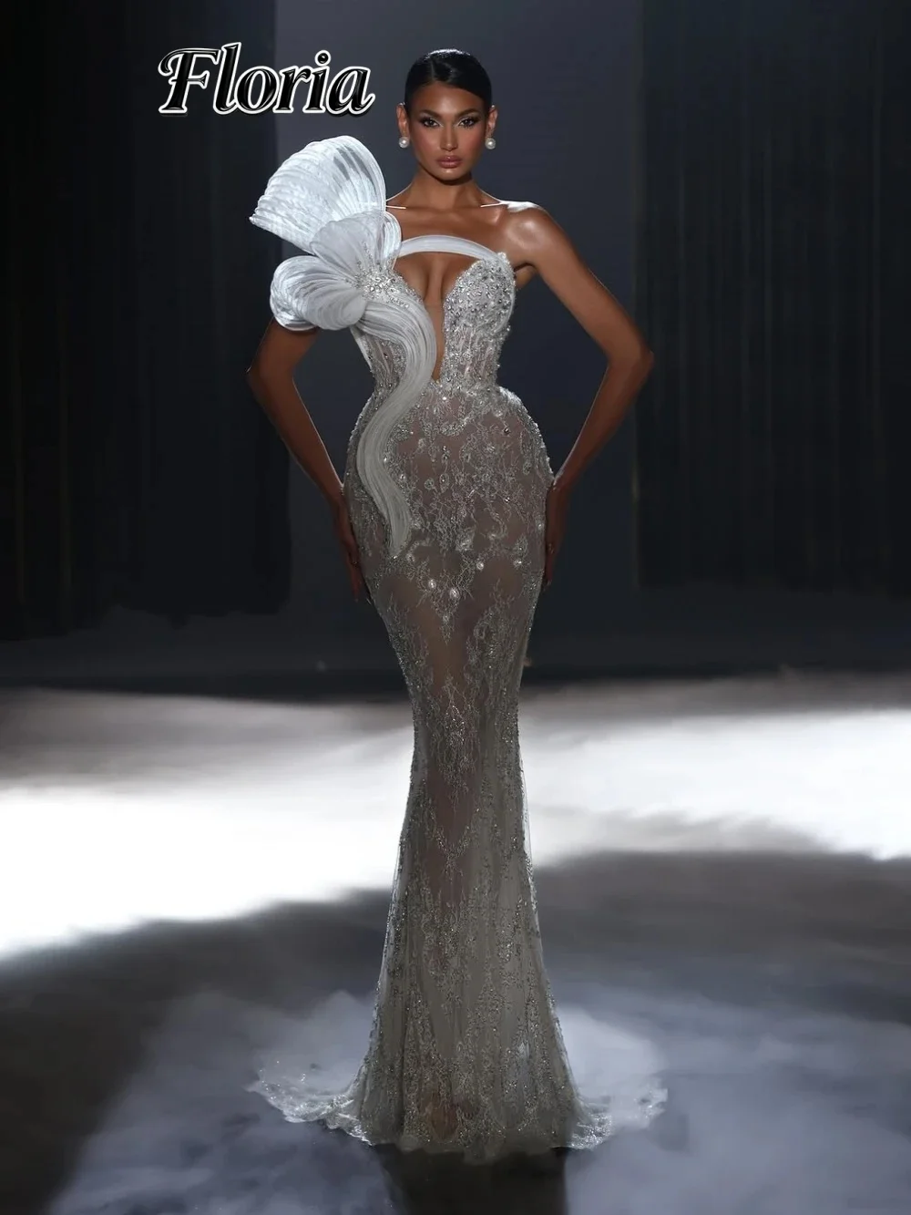 

White Beaded Lace Mermaid Long Evening Dress Sexy Illusion Sleeveless Wedding Party Gown 2026 Customized Luxurious Prom Dresses