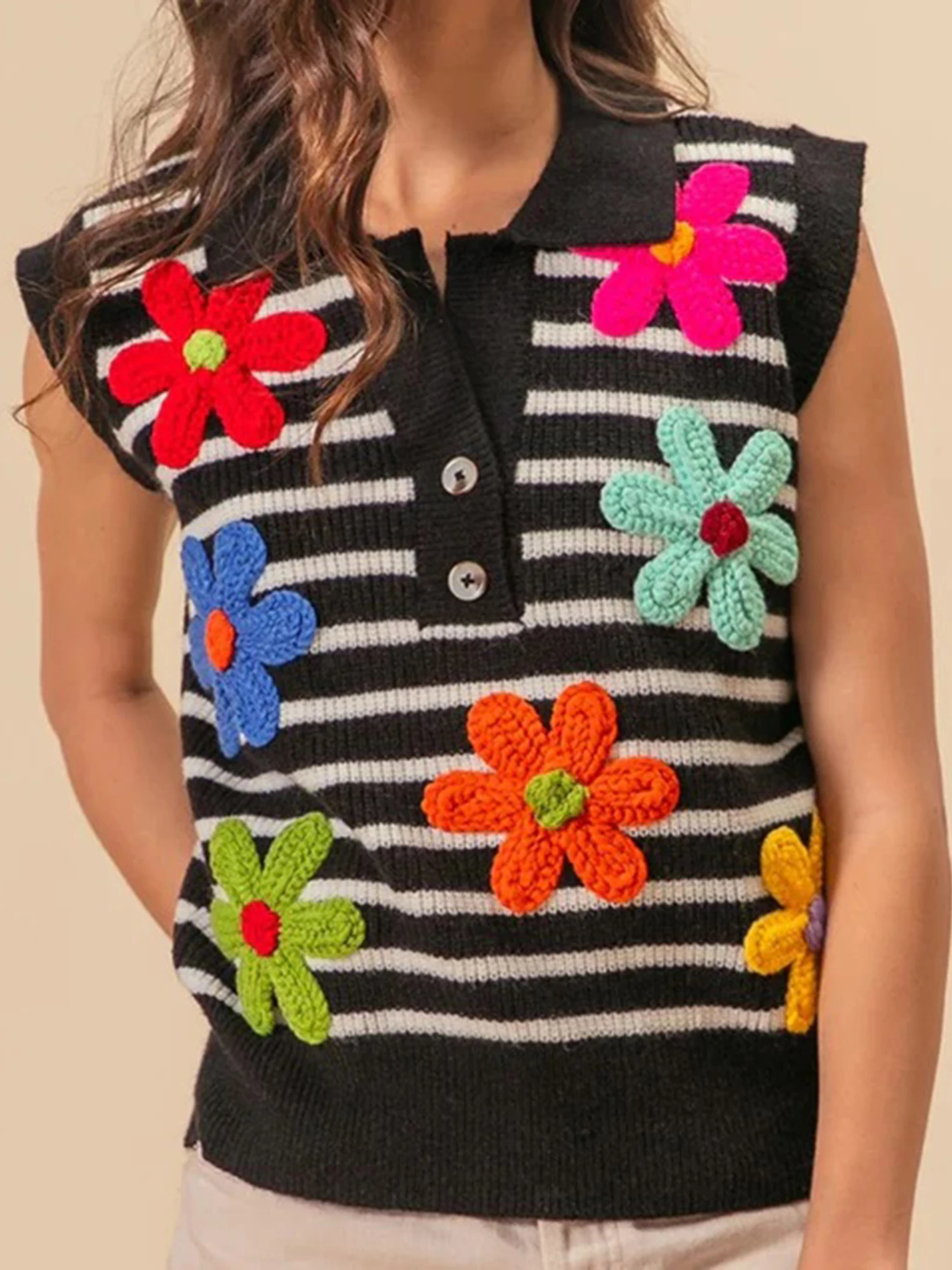 

Women s Striped Floral Print Sleeveless Sweater Vest with Half Button-up Collar Knit Tank Top for Summer Street Style