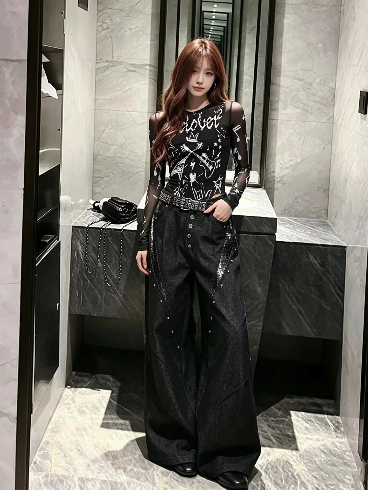 Retro American Snake Skin Print Patchwork Loose Wide Leg Jeans Men Women Deconstructed Rivet Casual Straight Cut Blue Denim