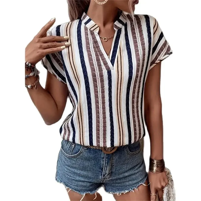 

Women Bat Short Sleeve V Neck Pullover Shirt Elegant Color Blocking Striped Blouse Female Summer Comfortable Casual Commuter Top