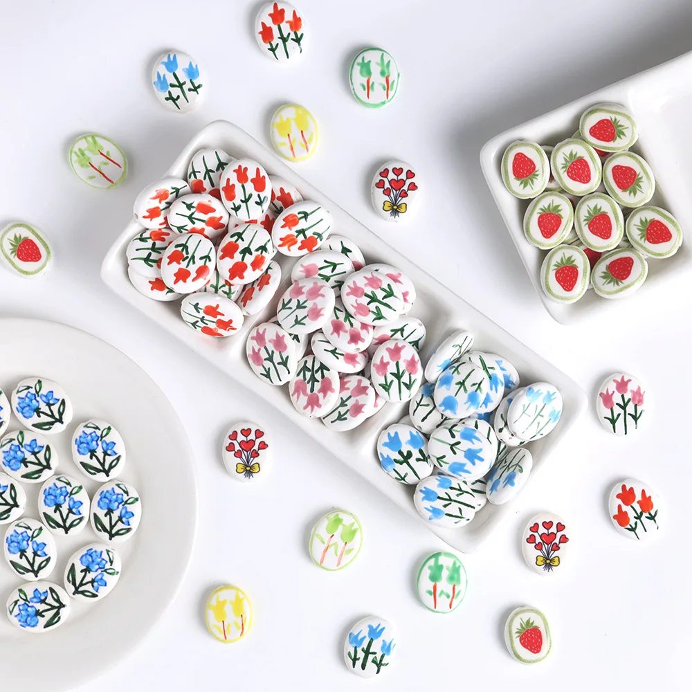 5PCS Ceramic Hand-painted Flower Strawberry Beads For Jewelry Making Interval Beads Necklace Bracelet Craft DIY Supplies