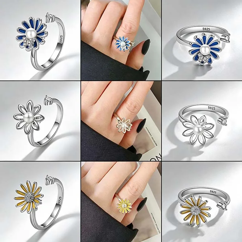 Anxiety Fidget Korean Daisy Spinner Ring Anti Stress Rotate Finger Jewelry Ladies Daily Relax Rings Gifts Accessories