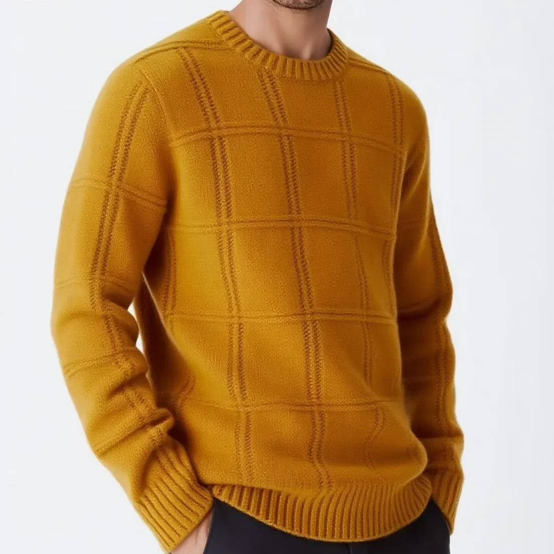 Men's Solid Color Plaid Casual Trendy Loose Simple Basic O-neck Long Sleeve Knitted Pullovers Male New Fashion Sweater Clothes