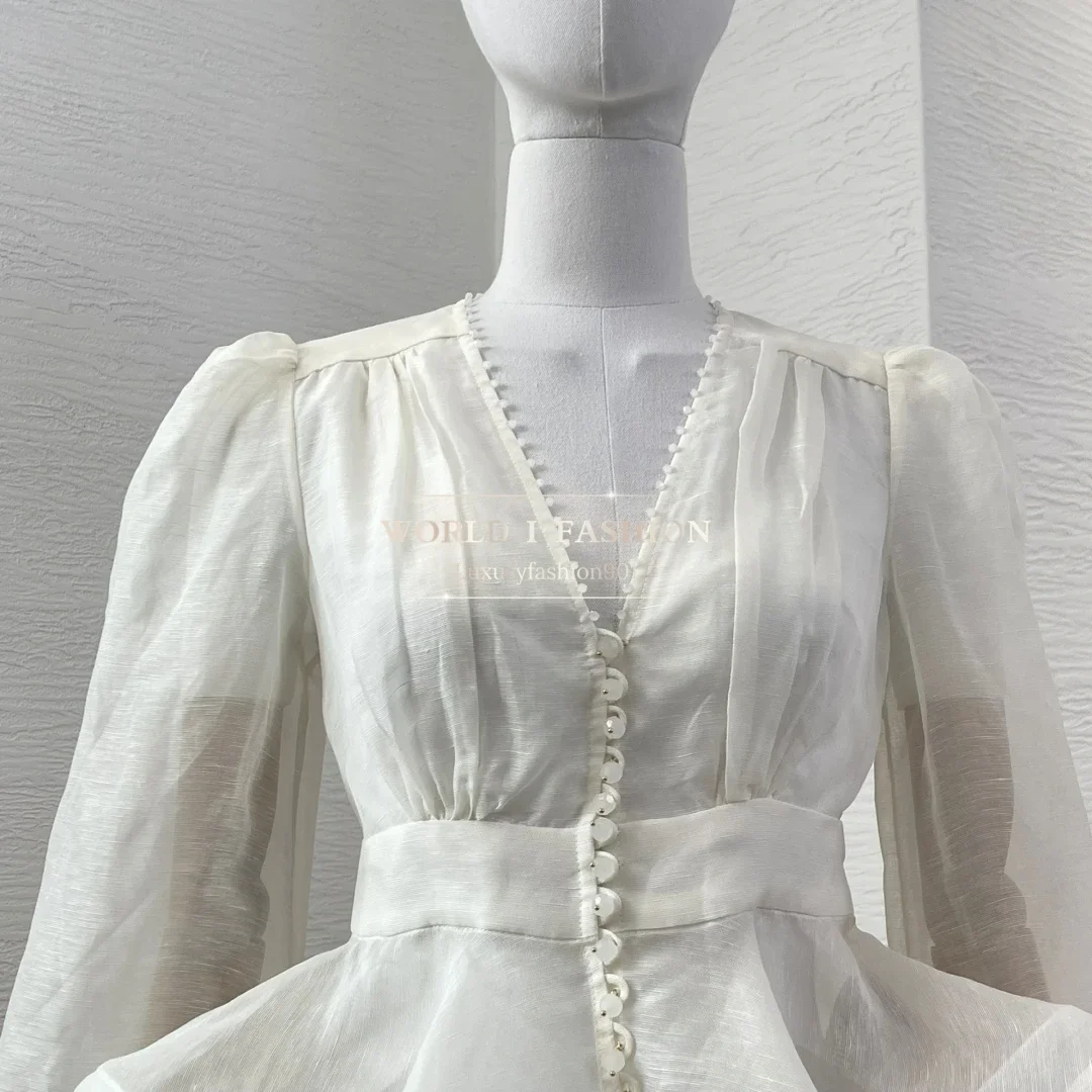 

High Quality White Long Sleeve V-Neck Ruffles Blouse Tops and Shorts Set Linen Silk 2025 Women Outfit