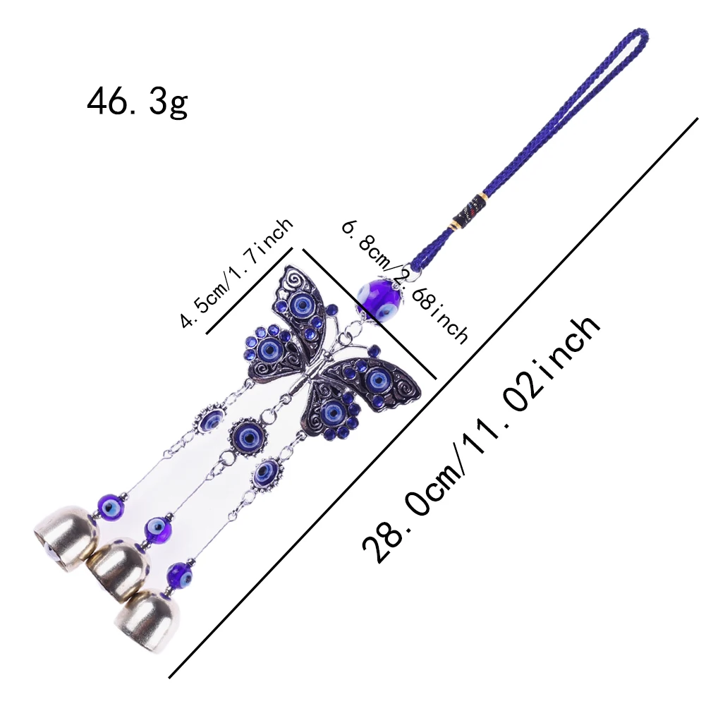 Lucky Blue Eyes Butterfly Bell Charm Keychain Turkish Blue Eye Beads Pendant For Car Rearview Mirror Hanging Decor Key Chain image 3