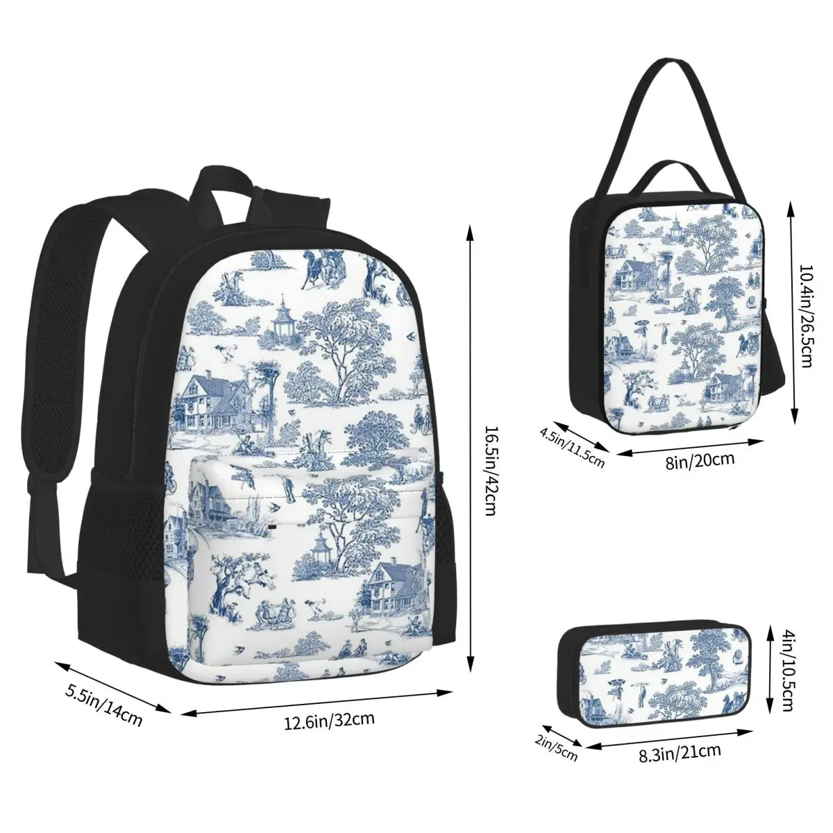 Toile De Jouy French Motif Backpacks Boys Girls Bookbag School Bags Kids Rucksack Lunch Bag Pen Bag Three-Piece Set