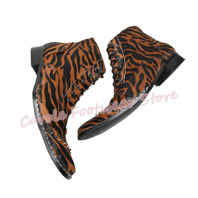 Sexy Leopard Pattern Leather Mixed Color Chelsea Boots Male Rivet Lace-Up High Top Ankle Boots for Men Business Dress Shoes