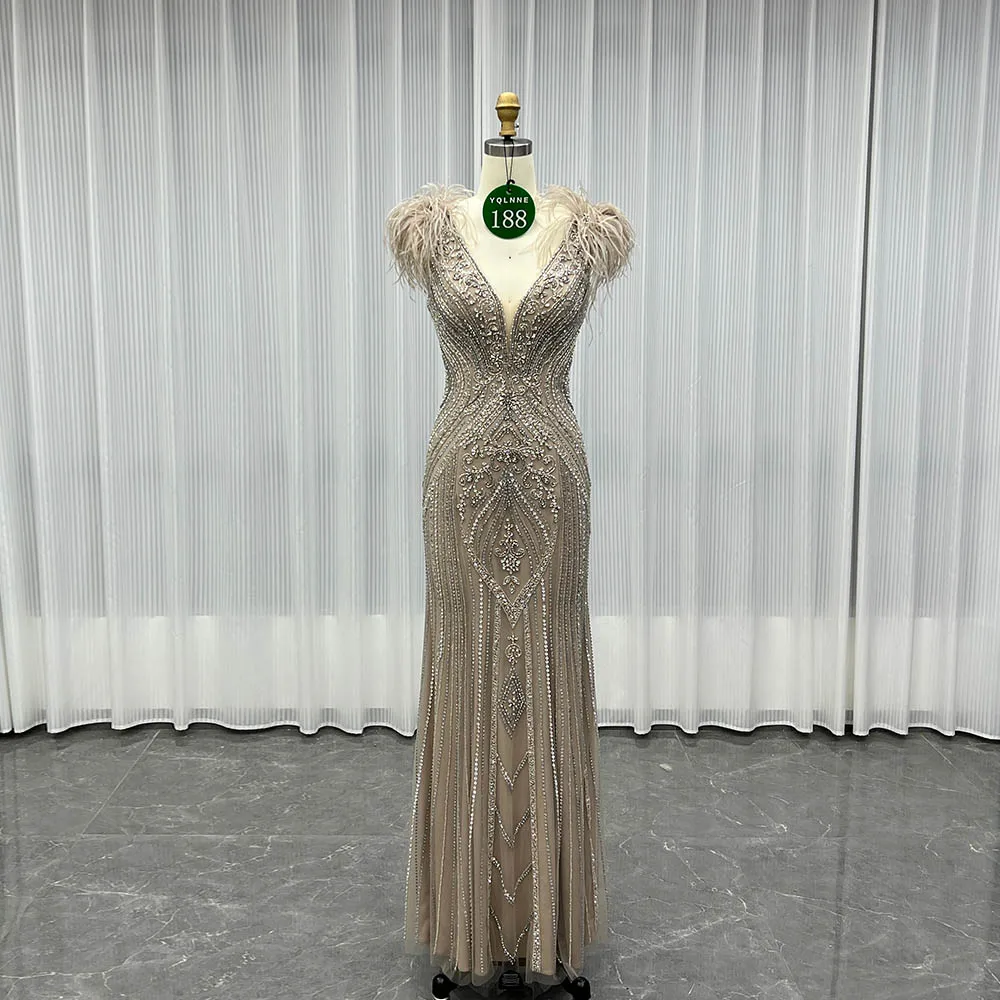 

YQLNNE 0188 Роскошные вечерние платья мокко со стразами, длинное вечернее платье с v-образным вырезом и бисером, вечернее платье русалки