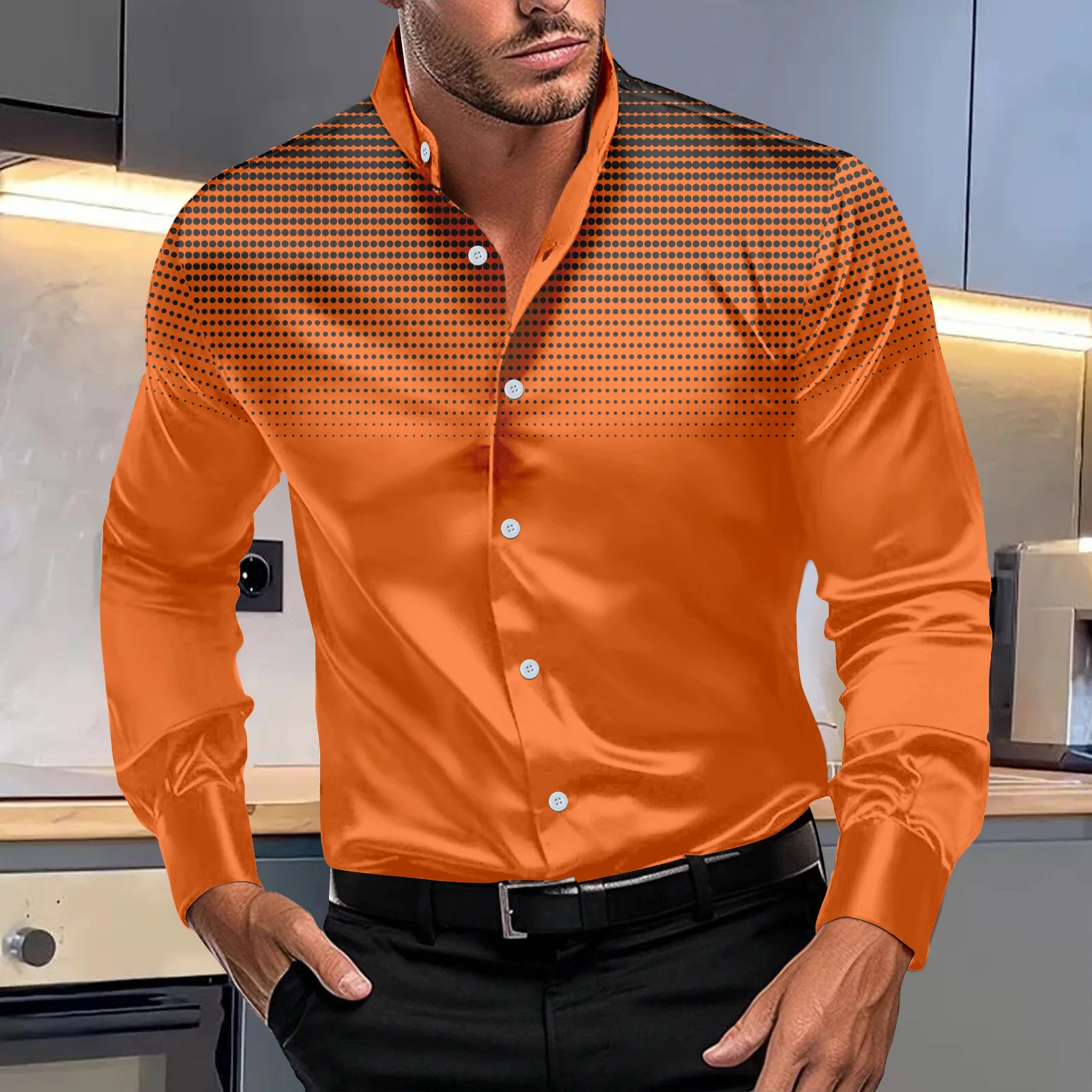 Chemise imprimée à pois élastique à quatre côtés pour hommes, col montant décontracté, manches longues, nouveau, printemps et automne, 03