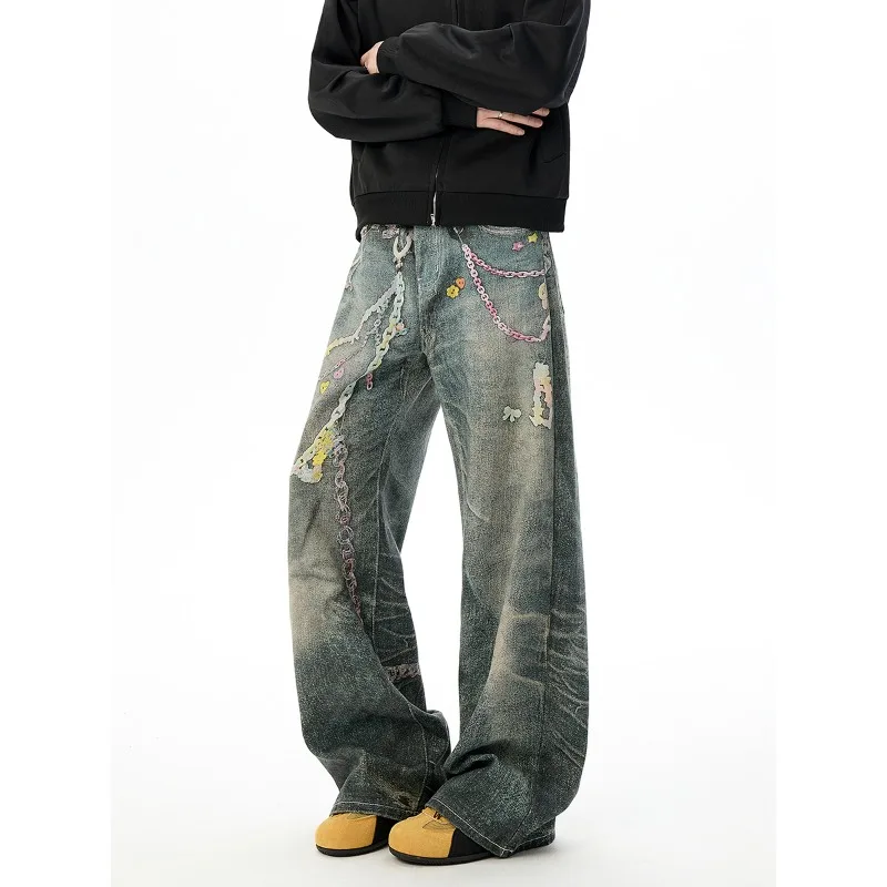 

Мужские джинсы High Street с 3D-принтом цепей, контрастные, повседневные, прямого кроя, персонализированные, широкие, мужские джинсовые брюки