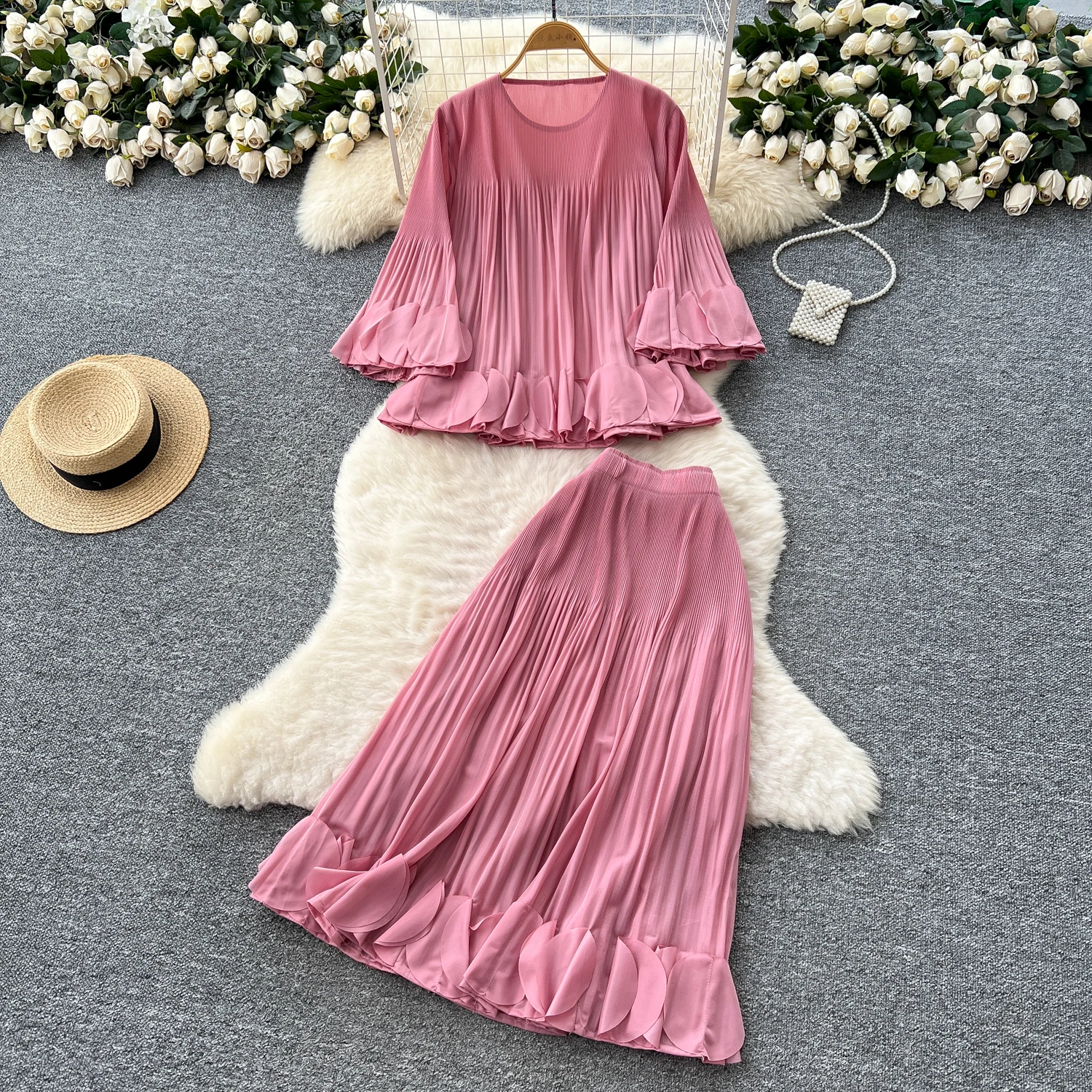 

Vintage Elegant short sleeve pleated loose Dress Korean Fashion Long dress hotsweet Women Fashion Two Piece Set